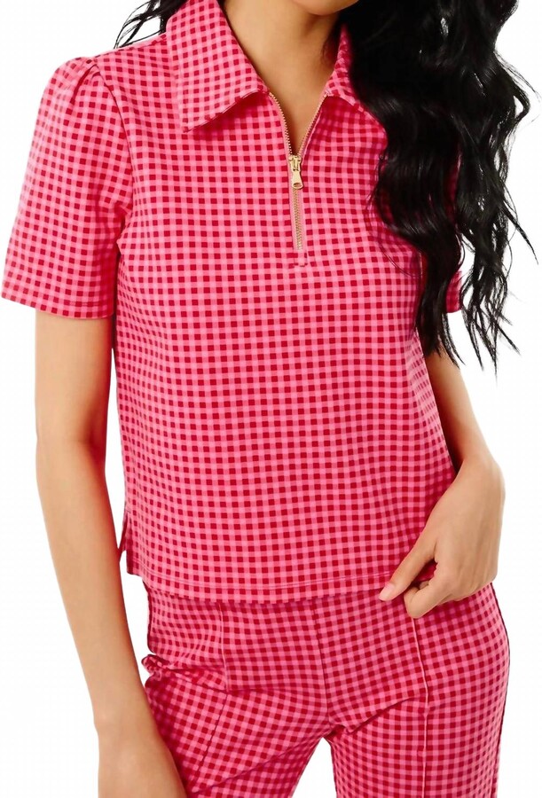 ADDISON BAY Ponte Virginian Polo Top In Rose Check