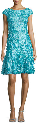 Theia Cap-Sleeve Petal-Embellished Dress, Pacific Blue