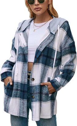 Ladies Womens Hooded Jacket Check Baggy Long Sleeve Shacket Top Shirt Blouse UK 