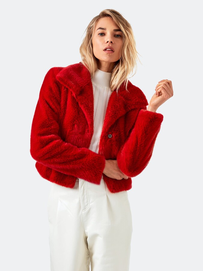 red faux fur jacket