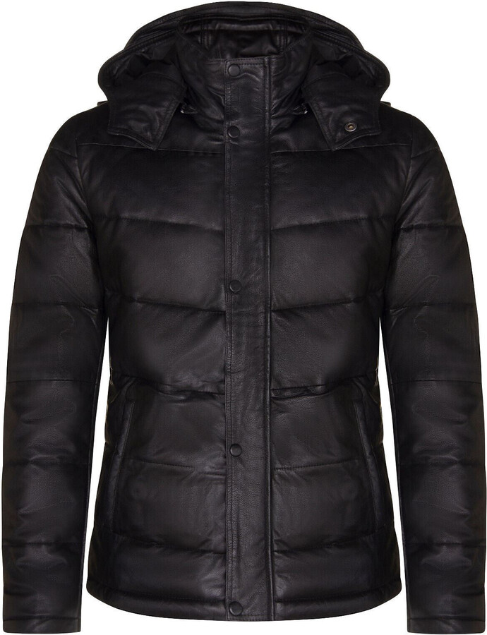 Infinity Leather Mens Black Puffer Leather Quilted Warm Bomber Hooded Jacket