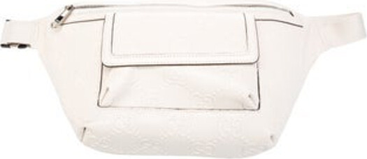 Gucci Belt Bag White Leather GG Embossed Silver-Tone Hardware Adjustable Waist Strap Canvas Lining Zip Closure at Front Unfortunately, due to restrictions, this item may not be eligible for shipping in all areas.