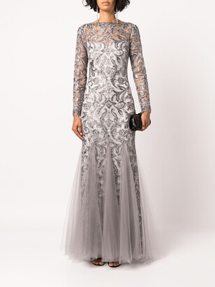 Tadashi Shoji Long-Sleeve Embroidered Tulle-Trim Gown
