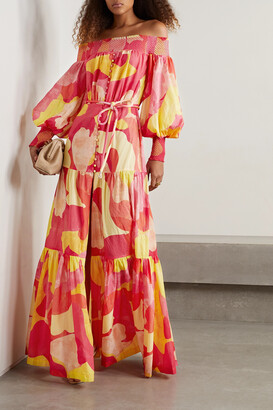 Rebecca Vallance Toretta Off-the-shoulder Belted Printed Organic Cotton Maxi Dress - Pink