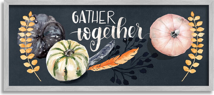 Stupell Industries Gather Together Pumpkin Harvest Phrase Feathers Deep Blue, 13 x 30, Designed by Jennifer Paxton Parker