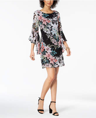 Connected Bell-Sleeve Floral-Print Chiffon Dress