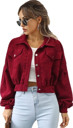 Newbestyle Womens Corduroy Jacket Long Puff Sleeve Button Down Cropped  Jacket Short Coat Solid Trucker Jacket Wine Red M - ShopStyle