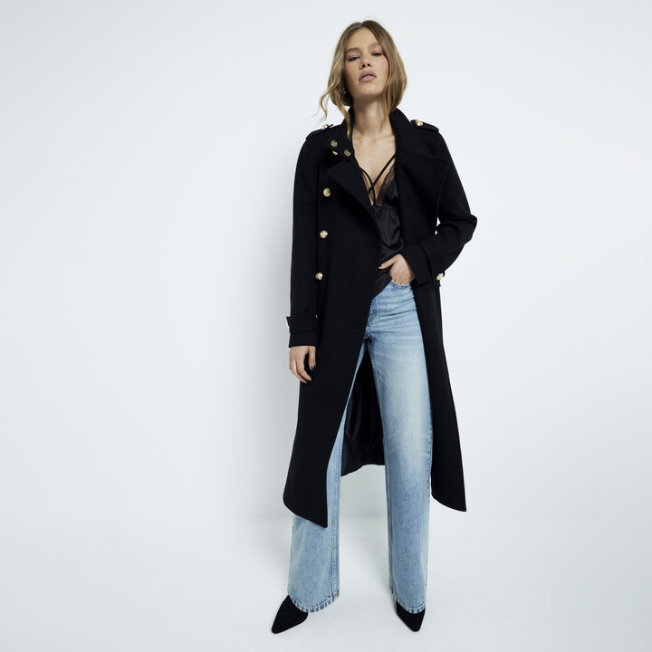 River Island Womens Black Belted Longline Military Coat ShopStyle