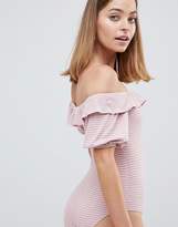 Thumbnail for your product : Fashion Union Petite Off Shoulder Body With Ruffle In Fine Stripe