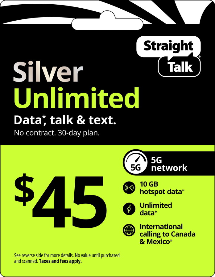 Straight Talk $45 Silver Unlimited 30-Day Prepaid Plan +10GB Hotspot Data + Int'l Calling e-PIN Top Up (Email Delivery)