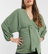 Thumbnail for your product : ASOS Maternity DESIGN Maternity kimono volume sleeve top with deep V detail in khaki