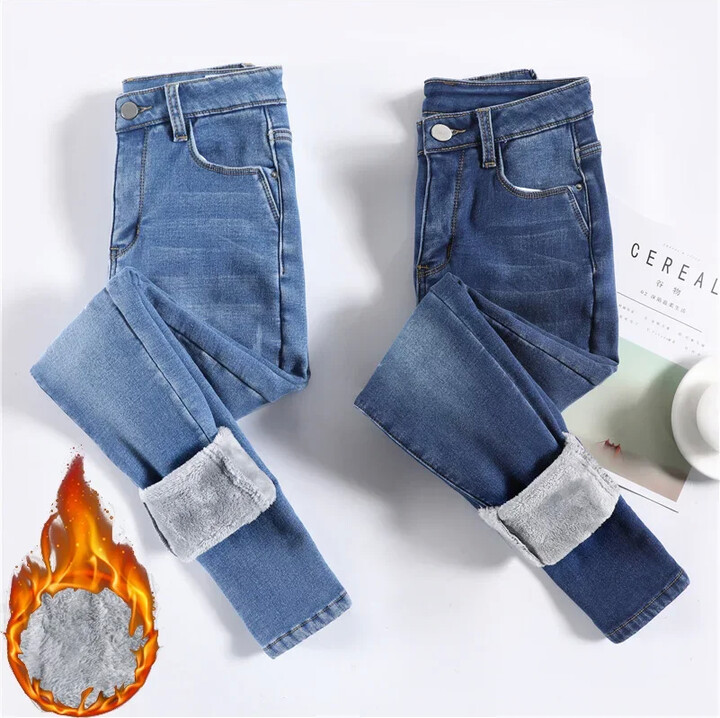 None Women Thermal Jeans Winter Snow Warm Thickened Fleece Stretch Skinny Pencil Pants Fashion Korean Slim Fit Velvet Plush Pants