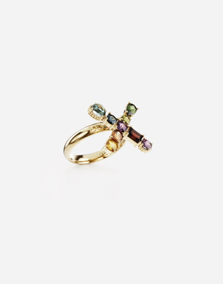 Dolce & Gabbana Rainbow Alphabet X 18 Kt Yellow Ring With Multicolor Fine Gems