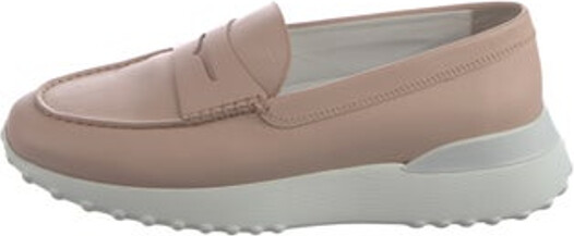 Tod's Leather Loafers Pink Rubber Trim Round-Toes Platform Unfortunately, due to restrictions, this item may not be eligible for shipping in all areas.