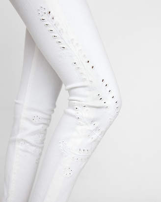 Express Mid Rise White Embroidered Stretch Ankle Jean Leggings