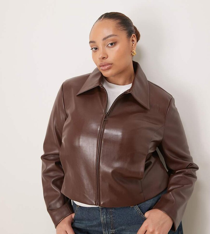 ASOS DESIGN Curve tailored faux leather zip front cropped blazer in chocolate