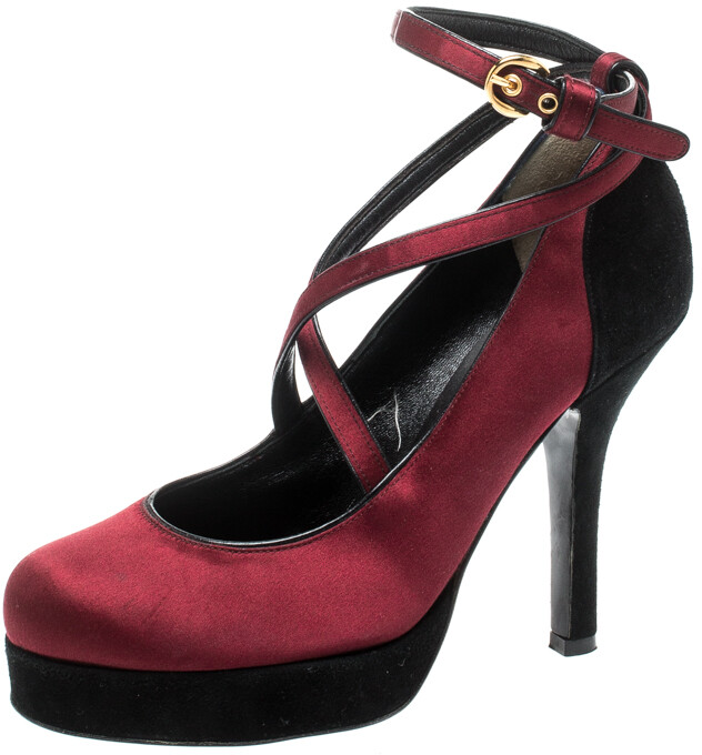 Dolce & Gabbana Burgundy/Black Satin and Suede Criss Cross Ankle Strap Platform Pumps Size 36