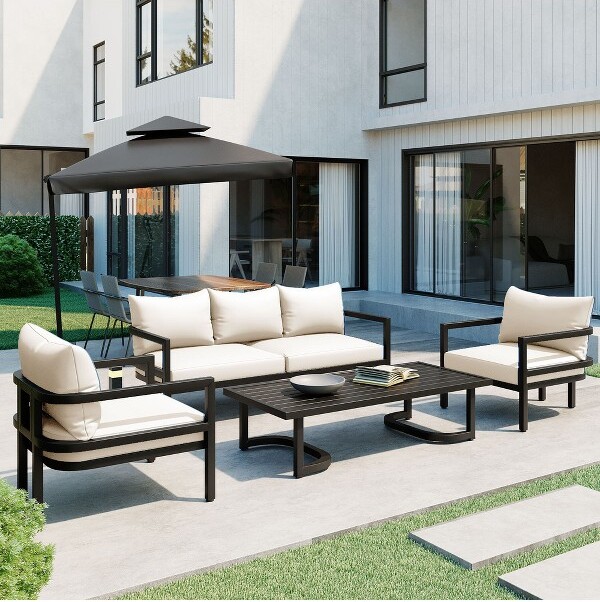 WhisenPatioSofaSetwithCoffeeTableEasyCleanQuickAssembly&Rust-ResistantSteel-Beige