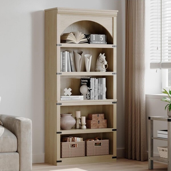 Acekool5ShelfArchedBookcaseFarmhouseRusticWoodBookshelfwithMetalCornerGuardsforLivingRoomNaturalOak
