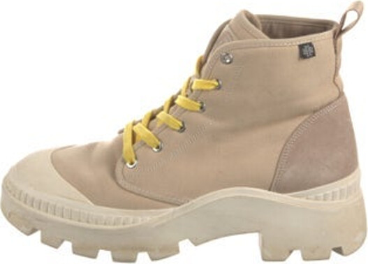 Tory Burch Canvas Ankle Combat Boots Neutrals Round-Toes Platform Lace-Up Closure at Uppers Designer