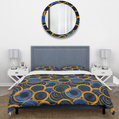 Design Art Retro Blue Orange Midcentury Circles - Midcentury Duvet Cover Set