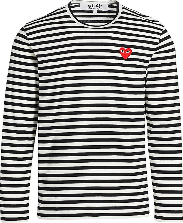 Comme des Garçons PLAY Men's Mini Heart Long-Sleeve Cotton Tee - Black White - Size Large