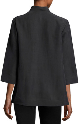 Eileen Fisher 3/4-Sleeve High-Collar Doupioni Silk Blouse