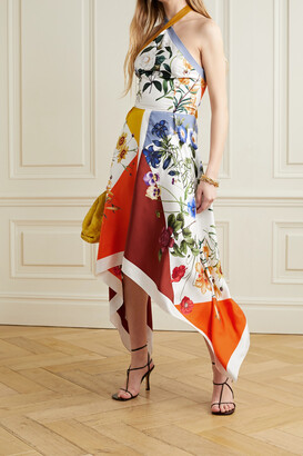 Oscar de la Renta - Asymmetric Printed Silk-twill Halterneck Dress - Brown