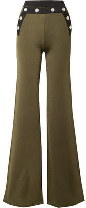 Balmain Button-embellished Two-tone Stretch-knit Flared Pants - Army green