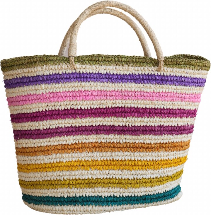 Pink Haley Rainbow Handwoven Color Strips Raffia Tote