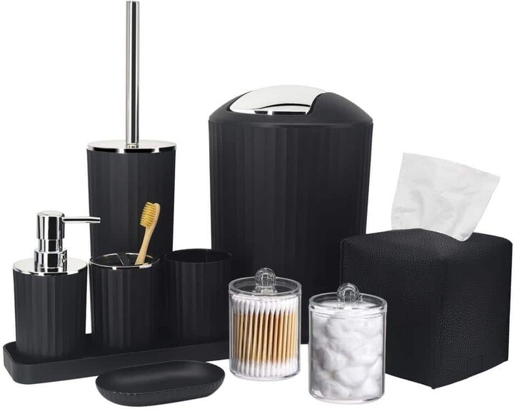 Adrinfly 10-Pieces Bathroom Set with Toothbrush Holder, Cup, Soap Dispenser, Tissue Box, Q-Tip Box, Toilet Brush Holder, in Black