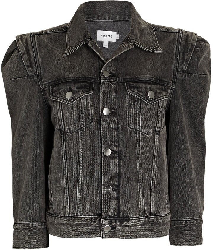 black puff shoulder denim jacket