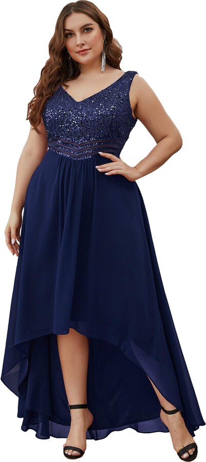 sleeveless v back high low navy blue dress