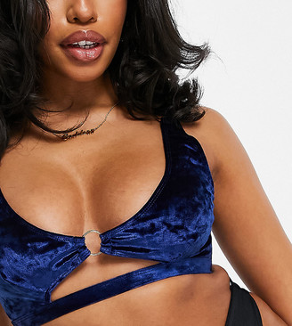 Wolfwhistle Wolf & Whistle Fuller Bust Exclusive cut-out crop velvet bikini top in navy