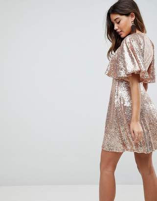 ASOS Design Sequin Fluted Sleeve Lace Mini Dress