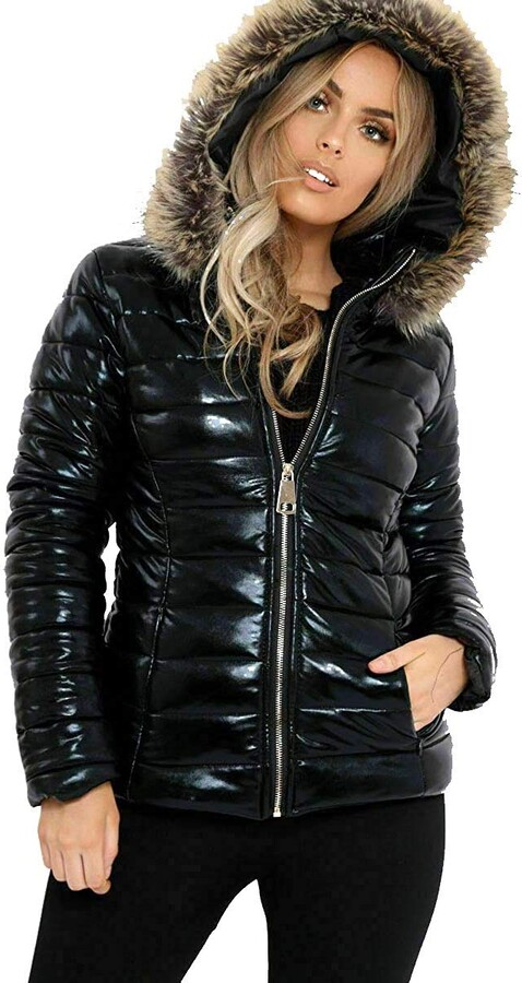 long black shiny coat with fur hood