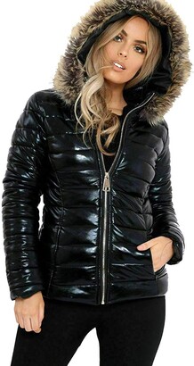 MIXLOT New Womens Ladies Sexy Black Wet Look Shiny PU Vinyl Fur Hooded Bubble  Padded Puffer Jacket Ladies Winter Wear Coat Jacket (Black - ShopStyle