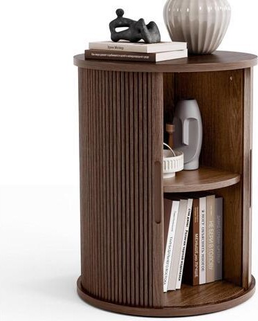 VINIUSIKI LINSY HOME Round Fluted End Table, Tall Side Table with Sliding Tambour Door and Storage Shelf, Modern Bedside Table, Mid-Century Nightstand for...