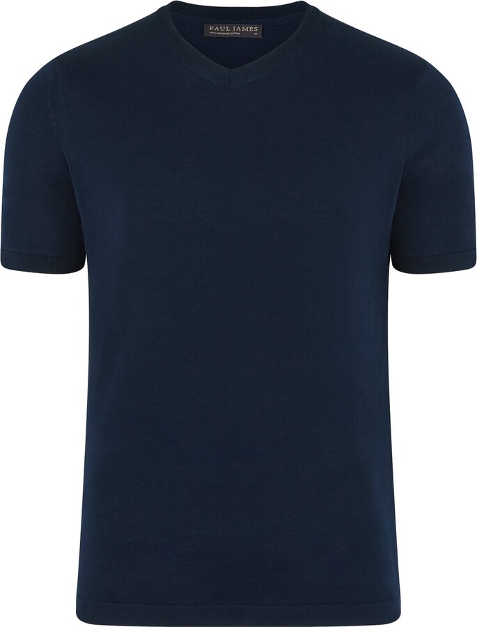 Paul James Knitwear Blue Mens Superfine Mercerised Cotton Adriano V Neck Knitted T-Shirt - Navy