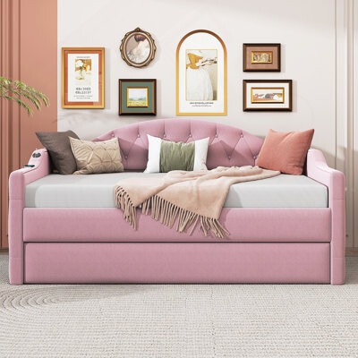 Tufted Upholstered Daybed with Trundle, USB and Type-C Charging Ports
