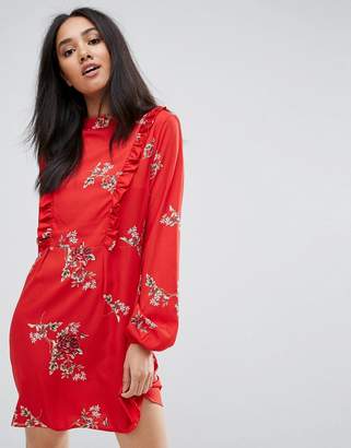 AX Paris Red Floral High Neck Mini Dress With Long Sleeve And Frill Detail