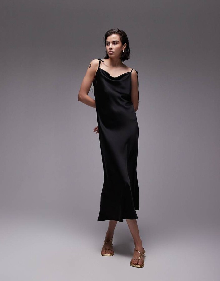 Topshop cowl neck tie shoulder midi slip dress in black ShopStyle
