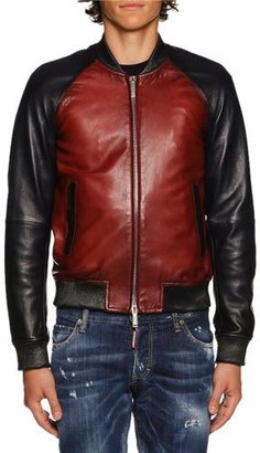 DSQUARED2 Colorblock Leather Bomber Jacket, Red/Blue