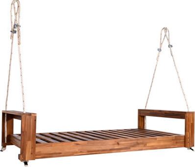 Porch Swing Bed Seating Group, Twin - Size, Wood, 98 Inch Hemp Ropes, Rustic Minimalist For Outdoor, 4 Colors Available Suitable Outdoor Nap, Option