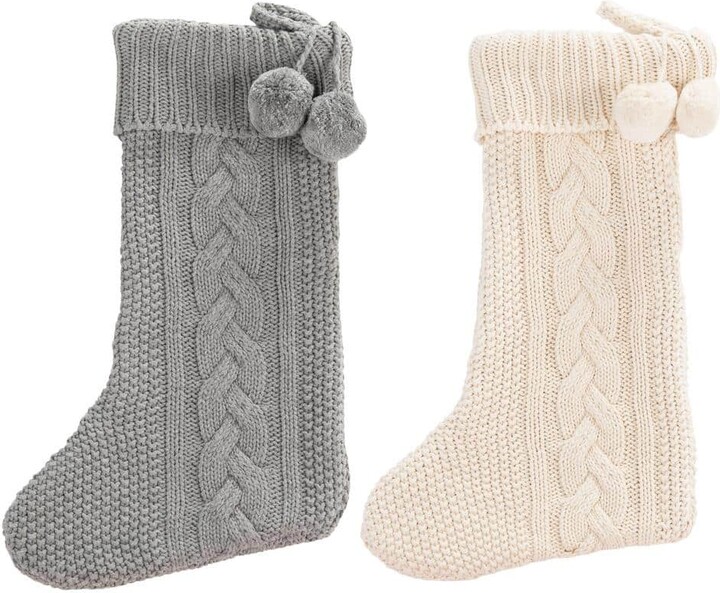 19 in. Gray/White Knitted Cotton Nutmeg Christmas Stocking with Pom Pom Tassels (2-Pack)