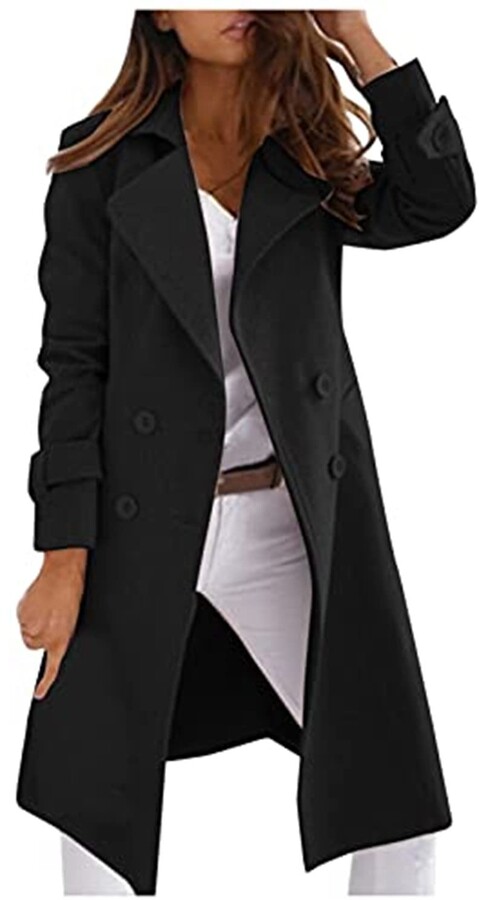 Womens Double Breasted 2-Button Windproof Trench Coat Wool Blend Pea Coats Outwear