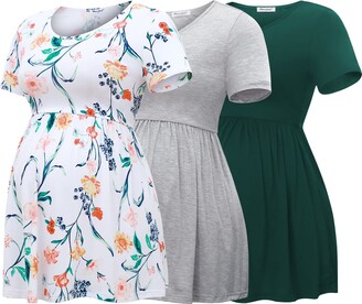 Bearsland Maternity Tops Short Sleeve Scoop Neck Breastfeeding T-Shirt Pregnancy Clothes，Dark Grey & Light Grey & White Stripes，S