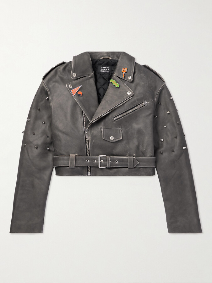 Slim-Fit Paint-Splattered Printed Leather Biker Jacket