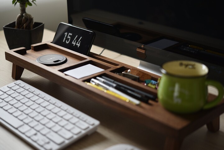 Black Walnut Wood Desk Organizer With Wireless Charger, Personalized Docking Station, Ipad & Iphone Stand, Accessories, Christmas Gifts