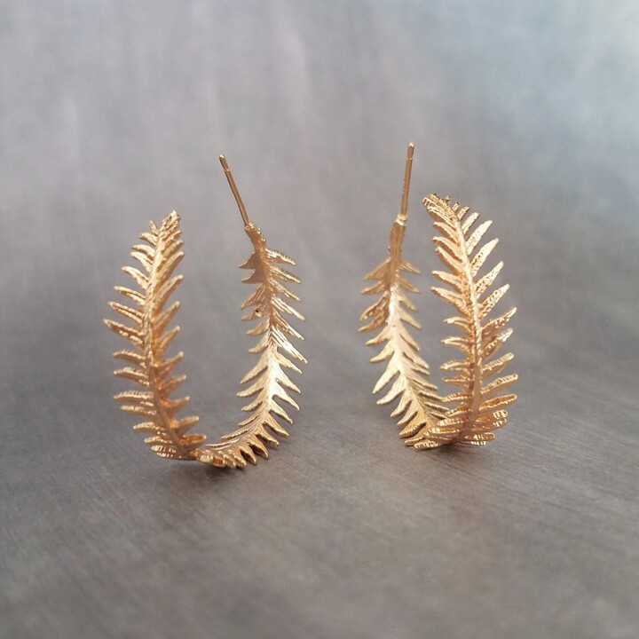 Gold Fern Hoop Earrings, Branch Hoop Earrings, Fern 1 Inch Hoop, Tiny Leaves Gold Hoops, Leafy Plant Earrings